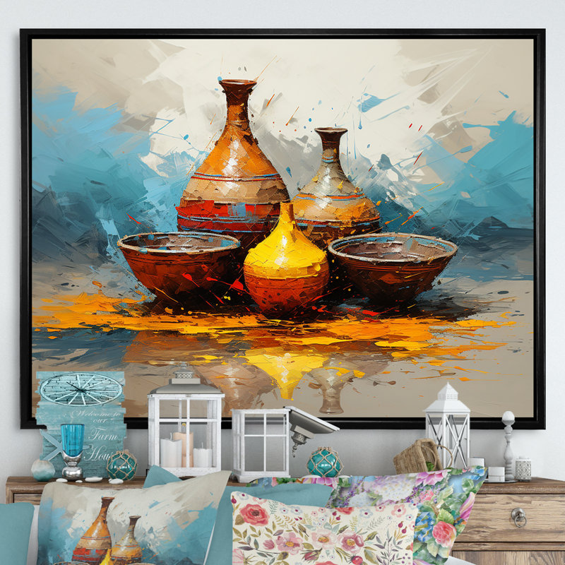 Jaune Boho Pottery Design - Boho Pottery, art mural, Cadre flottant noir, H 12 po x l 20 po x P 1 po