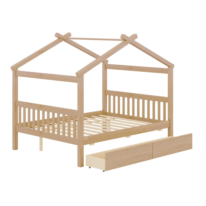 Lit en bois avec tiroirs, Double, Naturel