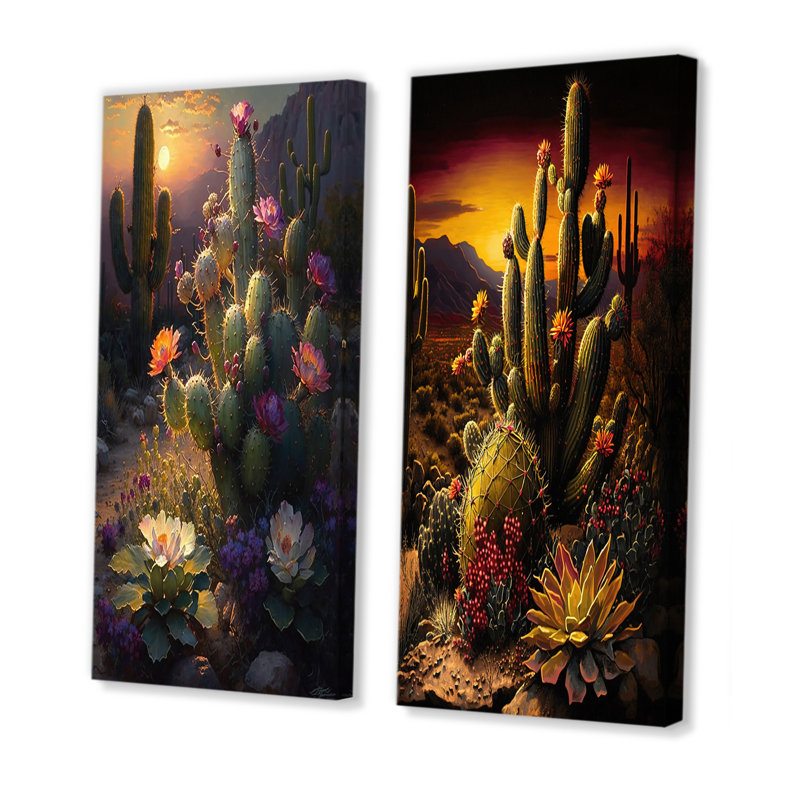 «Cactus In Desert», 2 pièces sur toile, Toile tendue, H 32 po x l 32 po