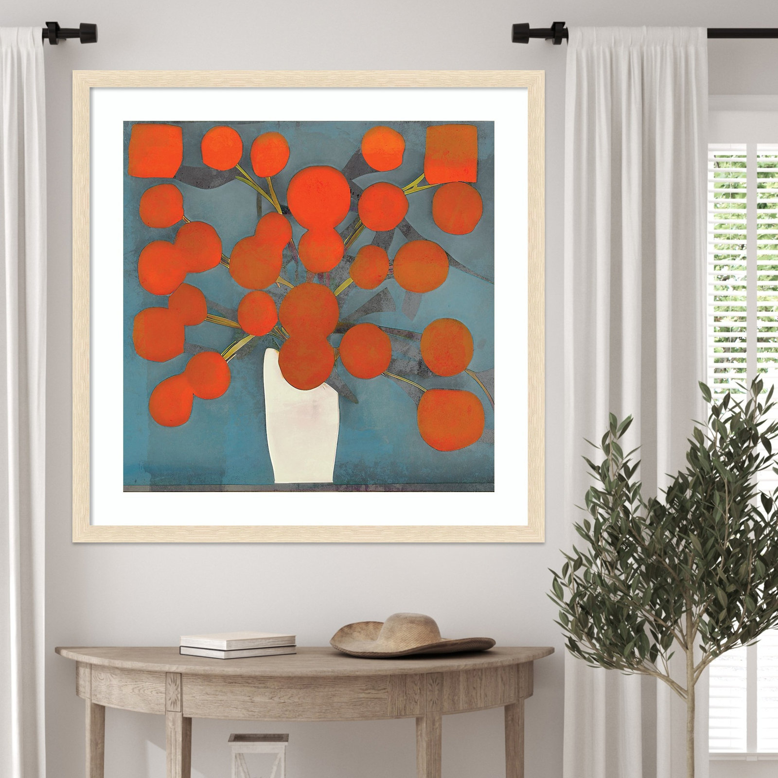 Abstract Orange Flowers Print by Elena Ray, Natural, 34" H x 34" W