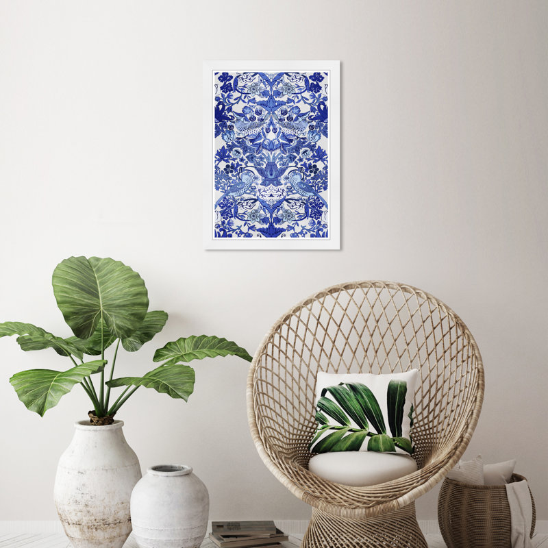 Tropical Collage Blue, White Framed