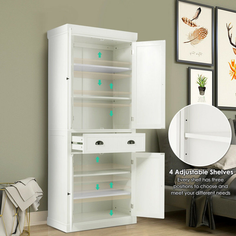White 72" Freestanding Kitchen Pantry Cabinet with Adjustable Shelves