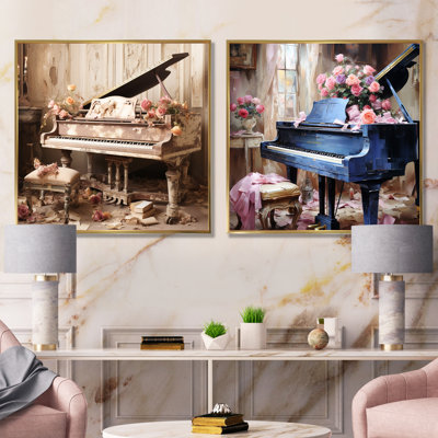 Vintge Piano Romantic Melodies I - Music Piano Canvas Art Print Set Of 2