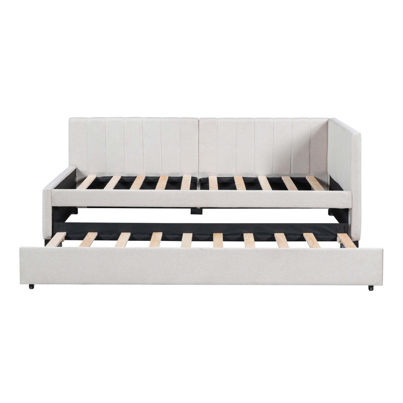 Upholstered Daybed With Trundle Sofa Bed Frame No Box Spring Needed, Linen Fabric, Beige, Twin