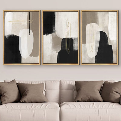 Colour Blocks Abstract Shapes Wall Art - 3 Piece Floater Frame Painting Set on Canvas