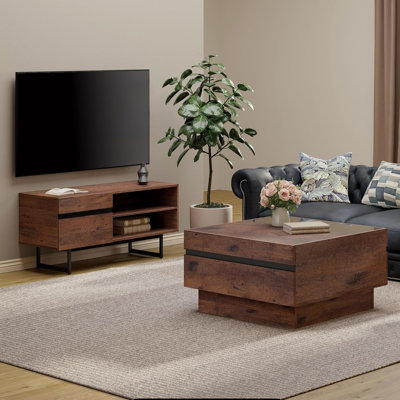 Reinel Modern TV Stand And Coffee Table Set Of 2, Storage Entertainment Center For Tvs Up To 75 Inch, Square Center Table With Tempered Glass And Stor by Latitude Run
