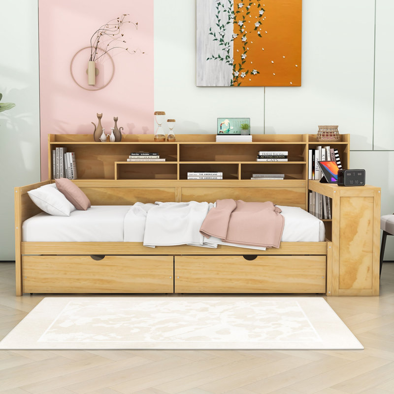 Dalainey Wood Daybed with Drawers, Desk and Shelves, Natural, Twin