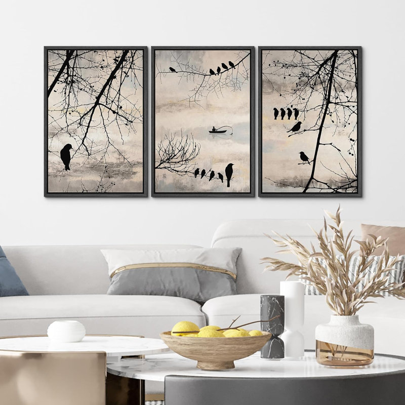 Oiseaux dans un arbre, reproduction sur toile 3 pièces, H 24 po x l 16 po x P 1,5 po, Noir