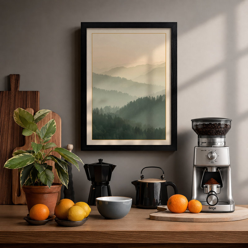 Mountains in Mist Scandinavian - Framed Print, Black, A4 - 29.7 x 21.0 cm