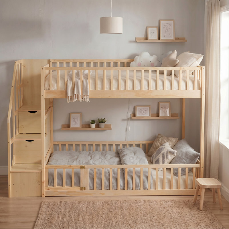Lit superposé simple au-dessus d'un lit simple avec échelle de rangement, structure en bois massif, barrières de sécurité complètes, aucun sommier nécessaire pour la chambre des enfants