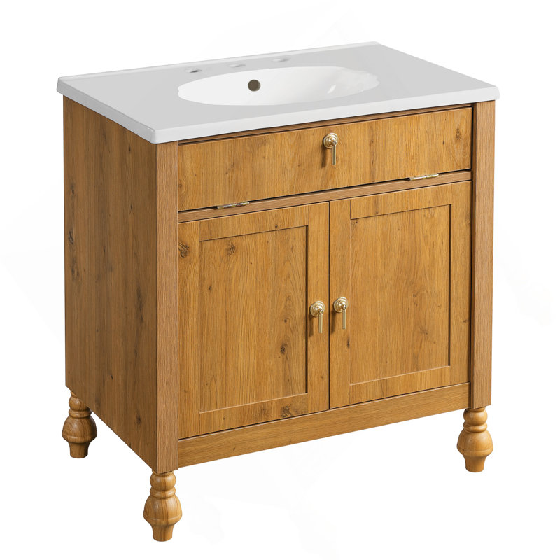 Meuble-lavabo de 30 po en noyer: lavabo en résine coquillage, rangement rabattable et portes à fermeture en douceur