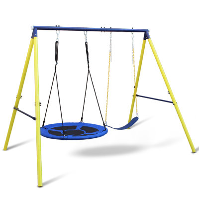 2-in-1 Kids Outdoor Swing Set with Hammock and Belt Swing, Heavy Duty Metal Frame for Backyard