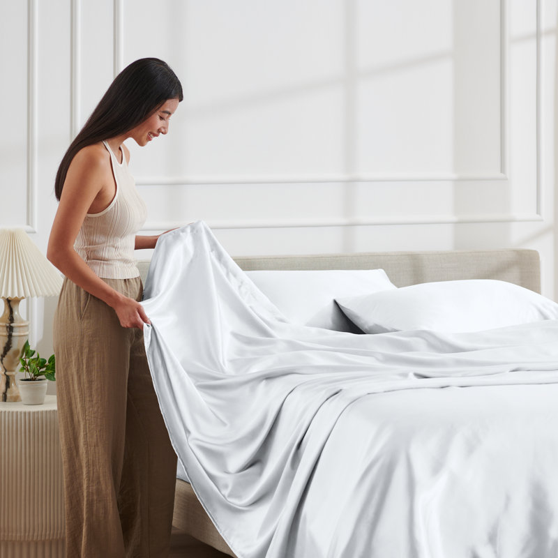 Ensemble de literie en satin, Ensemble de draps pour lit simple avec 1 taie d'or, Blanc