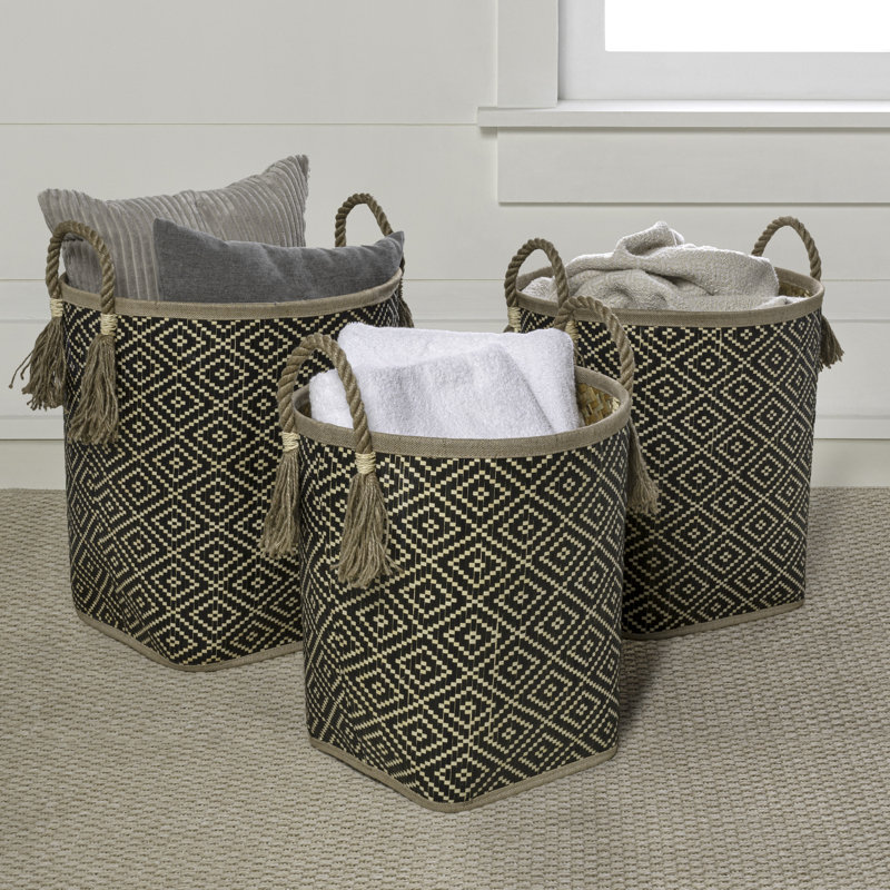 Celia Rustic Coastal Handwoven Palm Leaf Nesting Storage Baskets with Rope Handles (Set of 3), Natural/Black