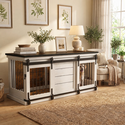 Cage pour 2 chiens en pin massif blanc de 160 cm (63 pouces), robuste, avec portes coulissantes de style grange et séparateur amovible verrouillable.