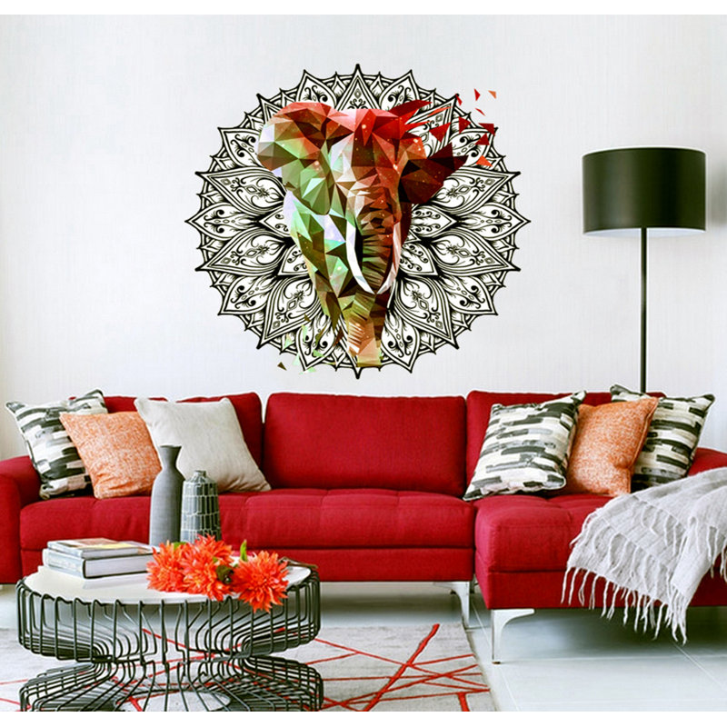 Décalcomanie murale éléphant polygonale mandala, H 46 po x l 46 pi