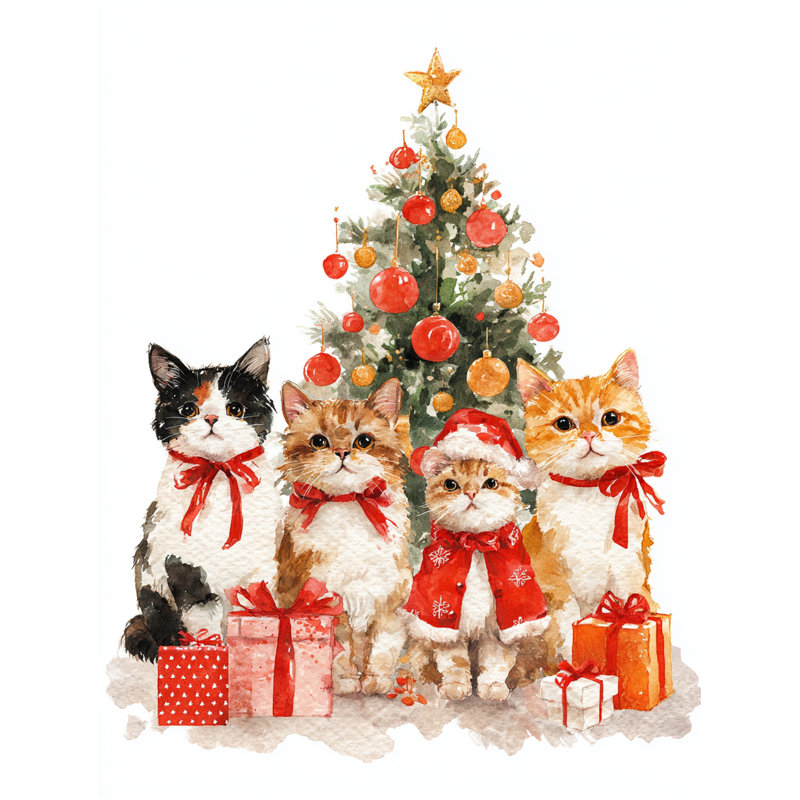 «Christmas Cats by the Tree», art mural sur toile tendue, H 24 po x l 16 po