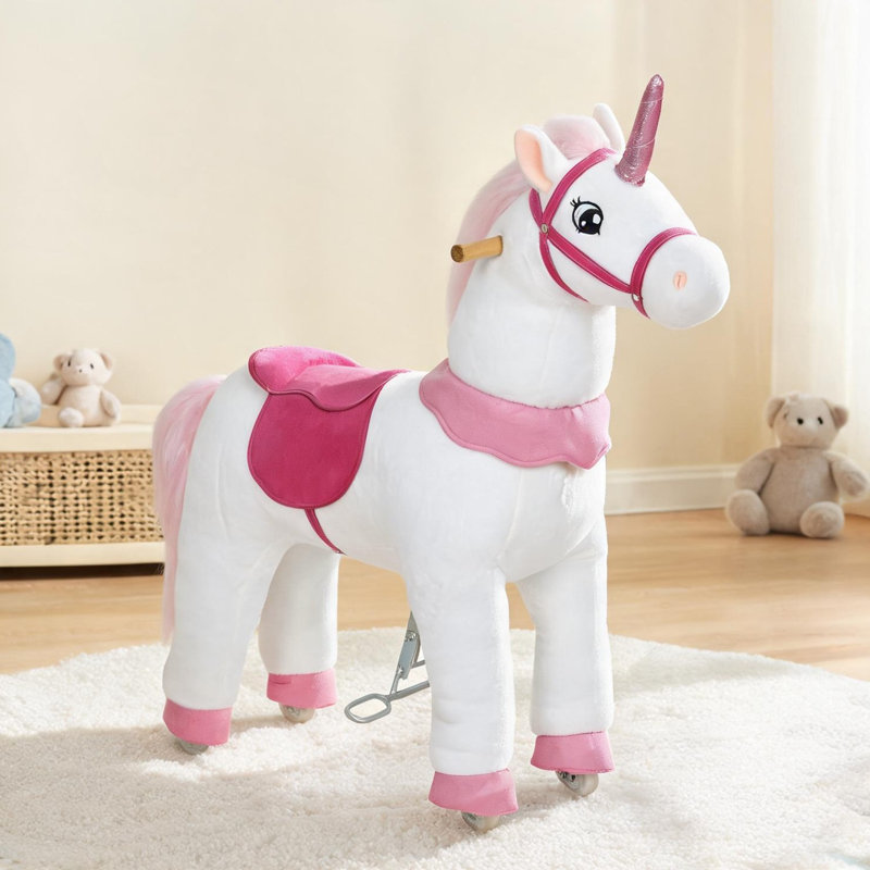 Fauteuil à bascule en peluche licorne blanche avec chevilles en bois, sans piles, aventure intérieure à surface lisse, 37,8 pouces