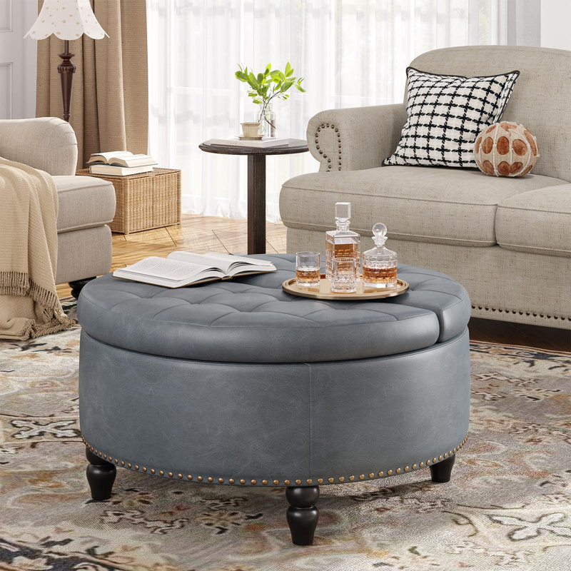 Repose-pieds rond avec rangement et plateau relevable, Gris