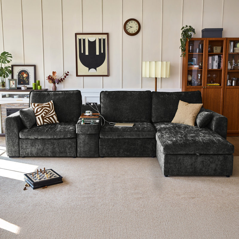 Olar L-Shaped 4-Seater Sectional Chenille Oversized Modular Sofa Cloud Couch with Versatile Console, Convertible Side Table with Charging Storage Cup Holder