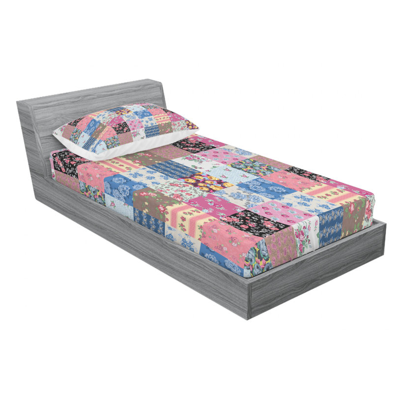 Microfiber Patchwork Sheet Set, Twin Sheet Set + Fitted Sheet + 2 Pillowcases, Pink Patchwork