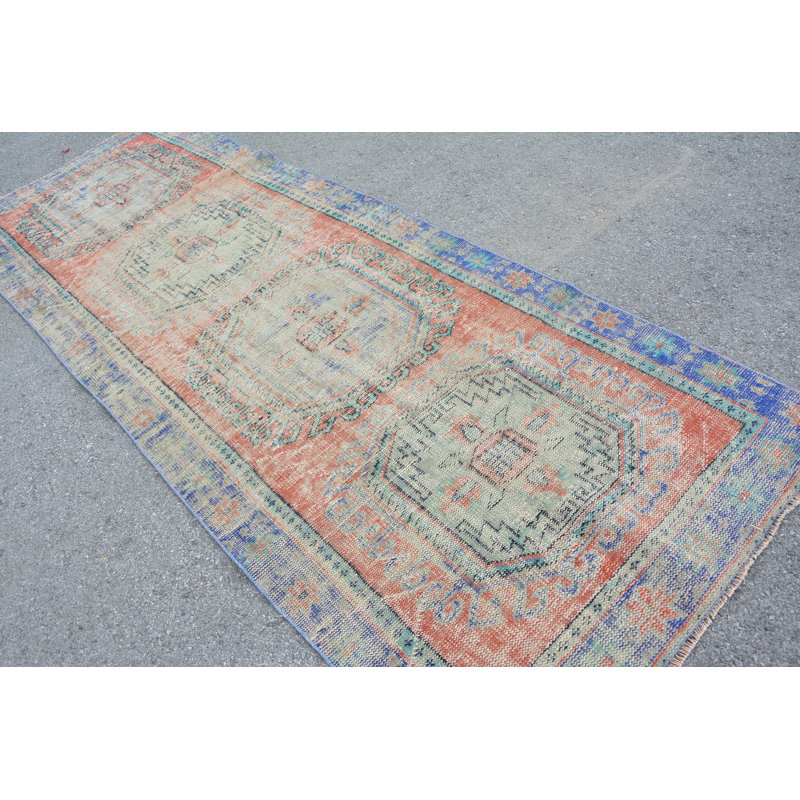 Tapis rétro, tapis bleu, tapis bohème, tapis turcs, tapis de couloir de 4,1 x 10,8 pi, tapis de décoration intérieure