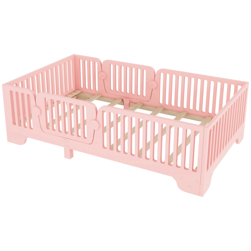 Lit simple au sol rose, porte pour le plaisir, support à 8 lattes égales, lit avec porte facilitant la conception, design, profil bas, aucun sommier requis