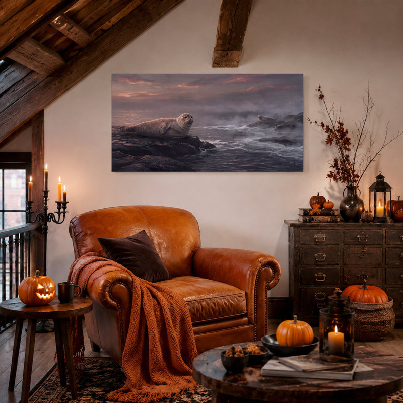«S phles Resting on Dark Rocks» par Ocean at Sunset, art mural sur toile, 32“W x 16”H