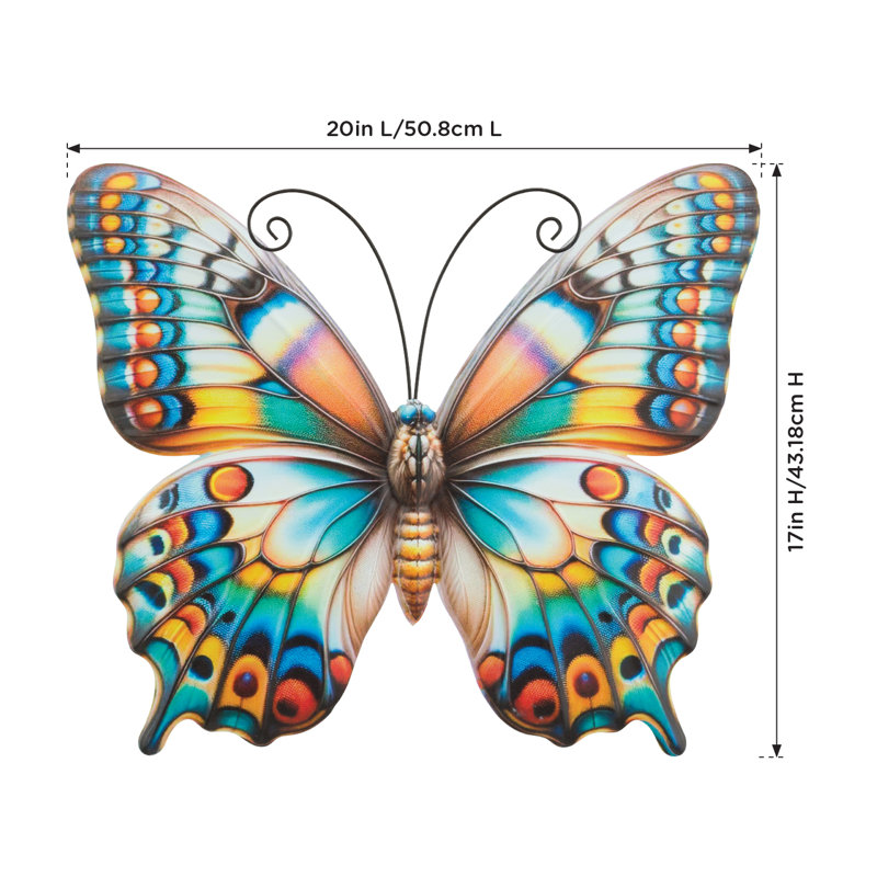20" Garden Vibe Metal and Glass Floral Butterfly Wall Décor with Painted Wing Accents-Multi, Multi, Large
