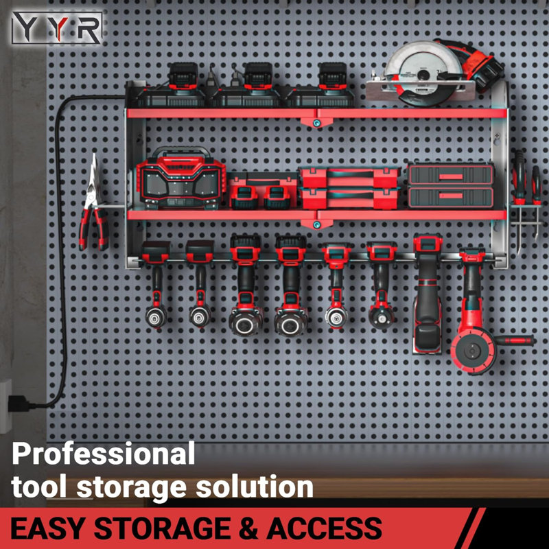 Power Tool Storage Rack With Surge Protection Power Strip And Charging Station