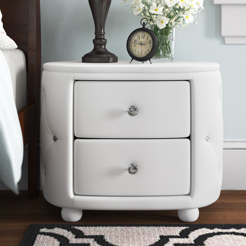 Davina 2-Drawer Nightstand in White Faux Leather Upholstery, 20'' H X 25'' W X 18'' D, White