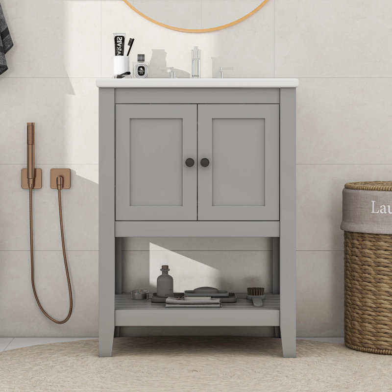 Meuble-lavabo élégant 24 po avec lavabo en céramique élégant, Gris