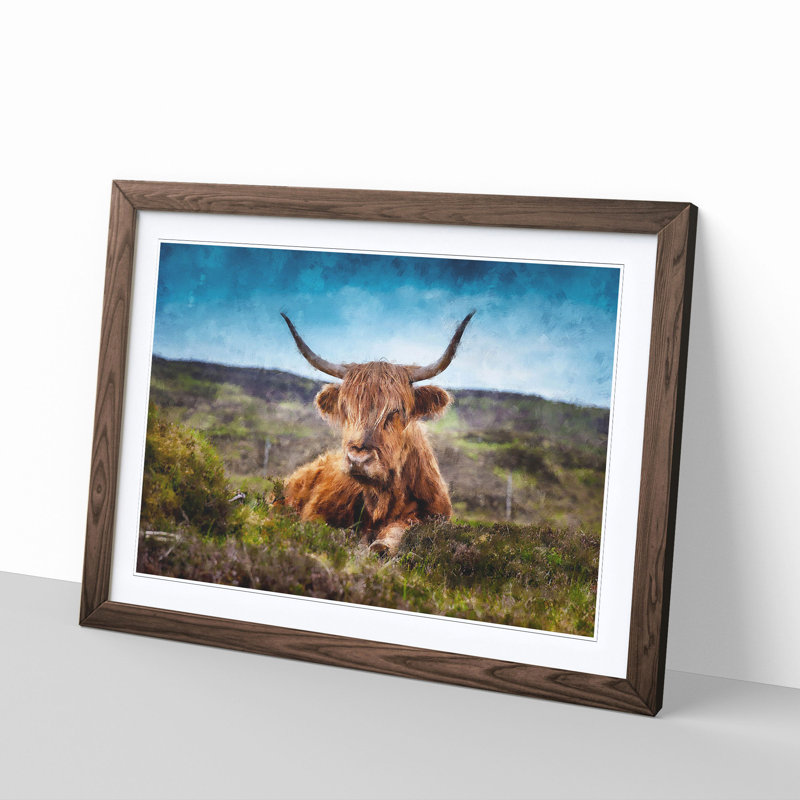 A Resting Highland Cow - Single Picture Frame Painting on MDF, 62cm H x 87cm W x 2cm D, Walnut