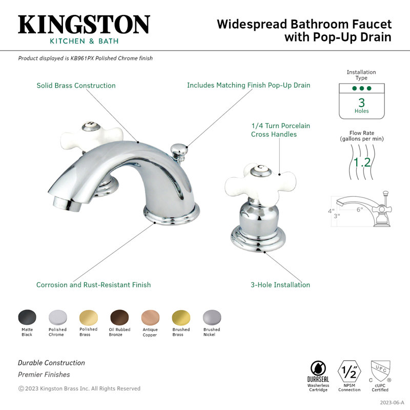 Kingston Brass Magellan Two-Handle 3-Hole Deck Mount Widespread Bathroom Faucet with Retail Pop-Up Drain, Matte Black
