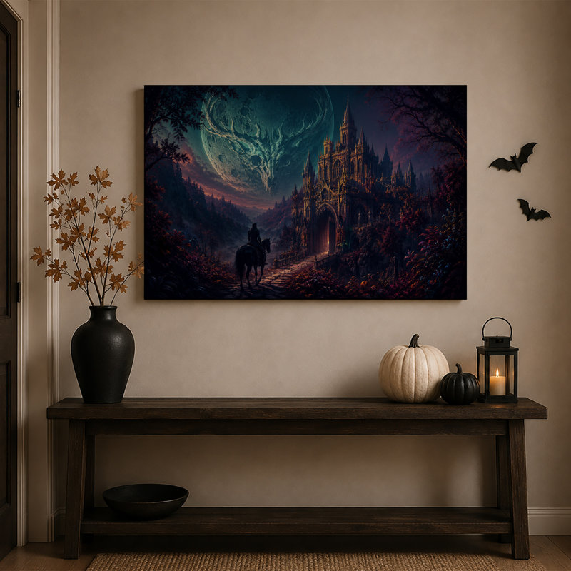 Château gothique sombre sous une lune en forme de crâne avec cavalier sur une toile murale d'Halloween, H 18 po x l 24 po