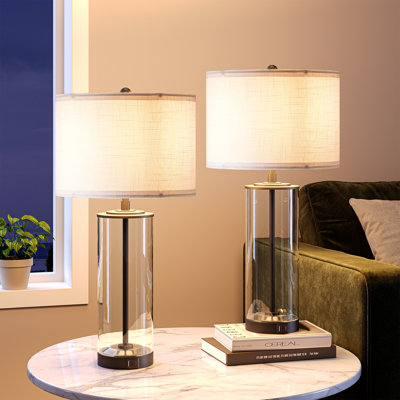 Dimmable Glass Table Lamp Set with DIY Fillable Base, Bulbs, Touch Control and USB Ports
