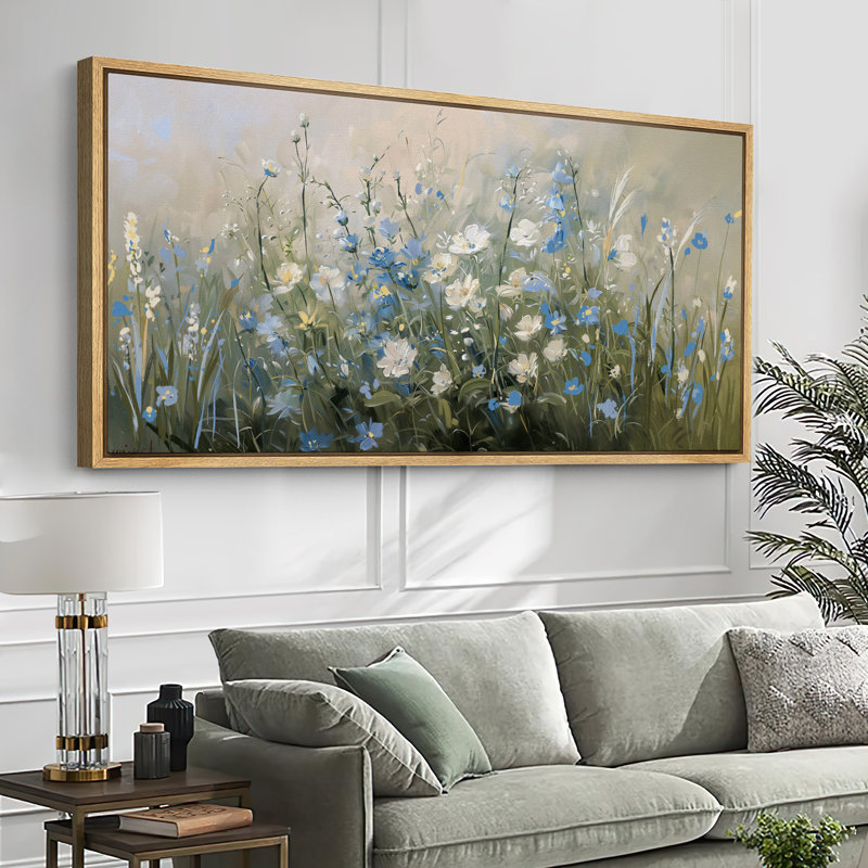 «Blue Green Flowers», art mural de campagne française, impression numérique sur toile, art numérique, H 30 po x l 60 po
