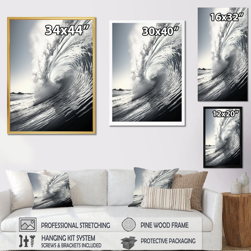 «Kohdyn Black and White Wave Photo II», reproduction sur toile flottante, Cadre flottant noir, H 32 po x l 24 po x P 1 po