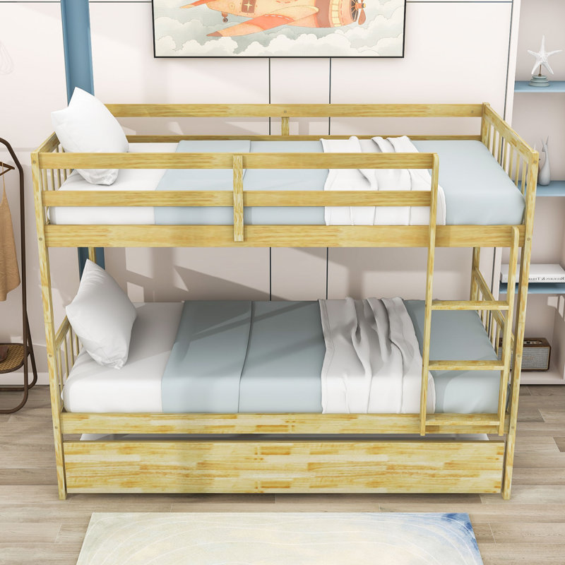 Hulbard Twin Over Twin Convertible Wooden Bunk Bed With Twin Trundle And Safety Guardrails, Natural