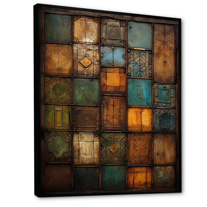 Green Stones Tiles III - Art mural abstrait, Cadre flottant noir, H 32 po x l 16 po x P 1 po