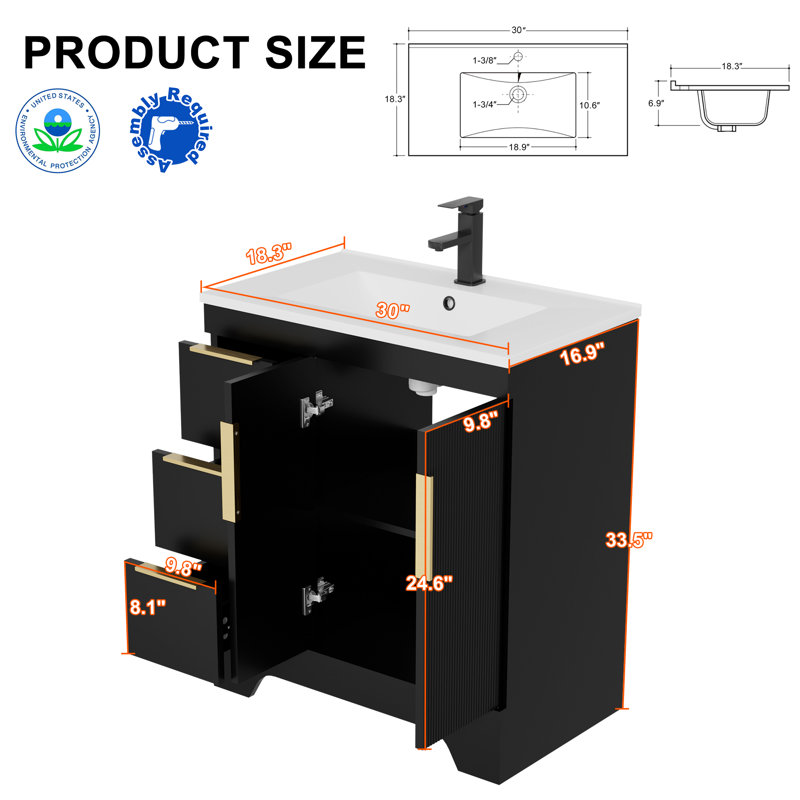 Ensemble de meuble-lavabo moderne simple 30 "avec comptoir en résine Skeen, robinet, assemblage requis, 30", Noir