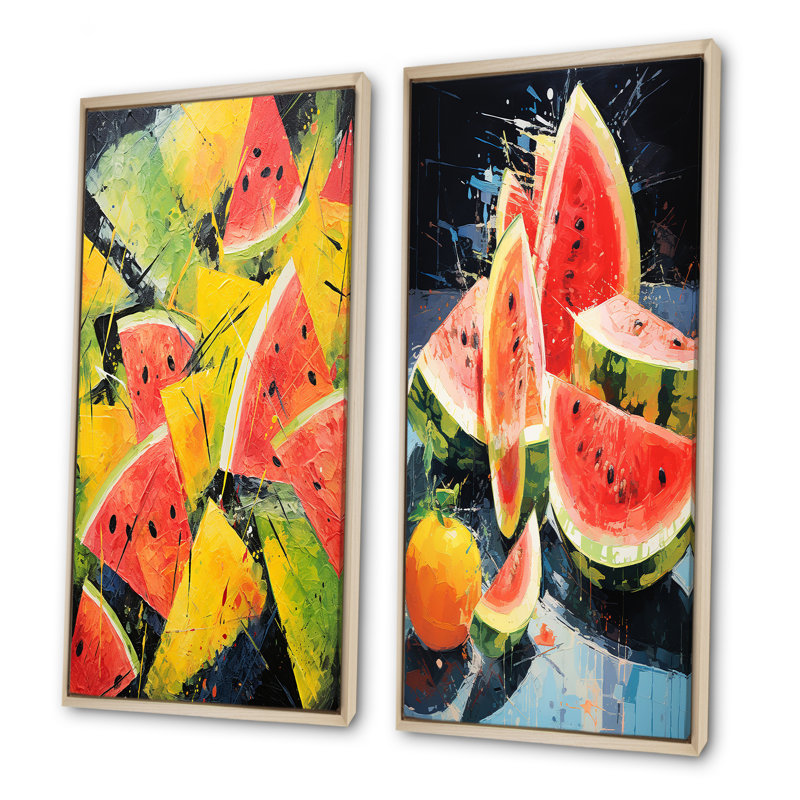 «Red Vibrant Watermelon Palette I», ensemble de 2 reproductions d'art mural Melon, Cadre flottant brun, H 32 po x l 33 po