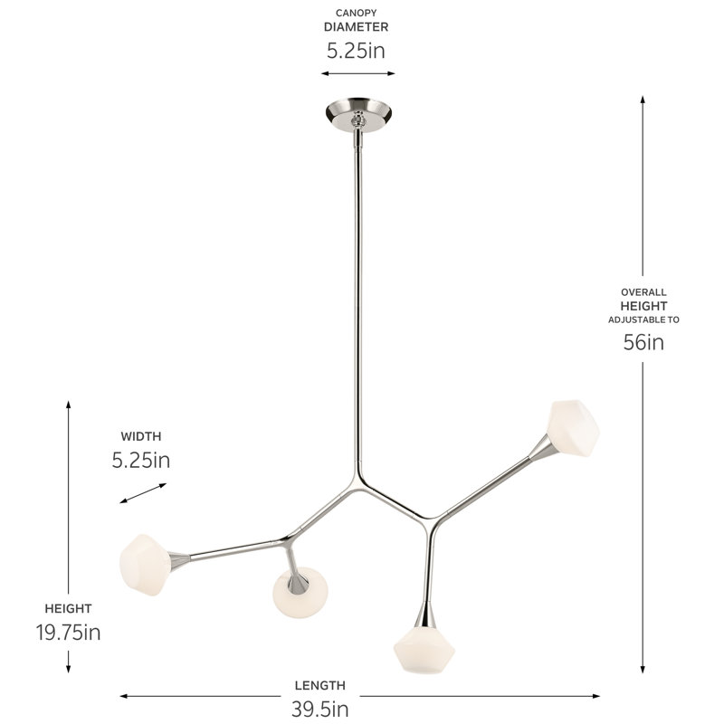 Convertible Modern Adjustable Chandelier with Opal Glass, Polished Nickel, 4, 19.75" H x 5.25" W x 39.5" D