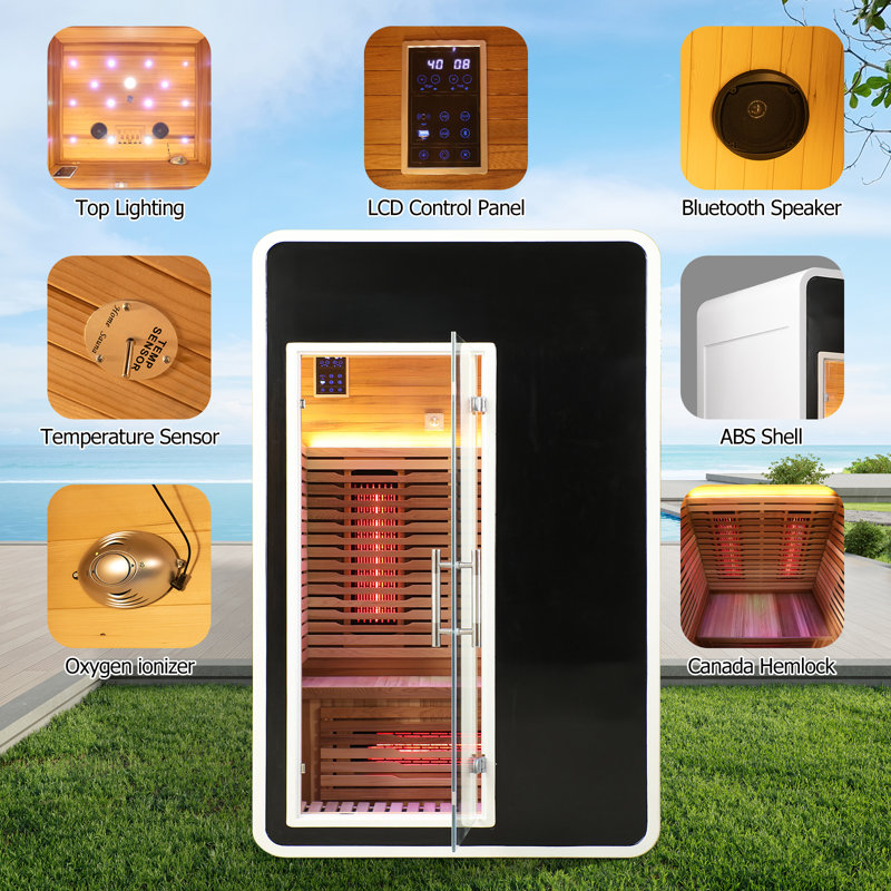DUTHSS 2 Person Infrared Sauna Room for Home,Canadian Hemlock Outdoor Wooden Dry Sauna with Rapid Heating Tubes& Carbon Plate,LCD Control Panel and Tempered Glass Door