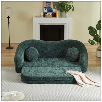 Curved Convertible Sofa Recliner, 2-in-1 Fold-Out Sofa Bed, with Pull-Out Base and Deep Seat Design, Includes Two Pillows, Chenille Two-Seater Recliner