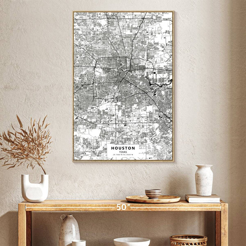 Carte blanche de Houston au Texas, Cadre flottant en bois naturel, 27 po x 40 po