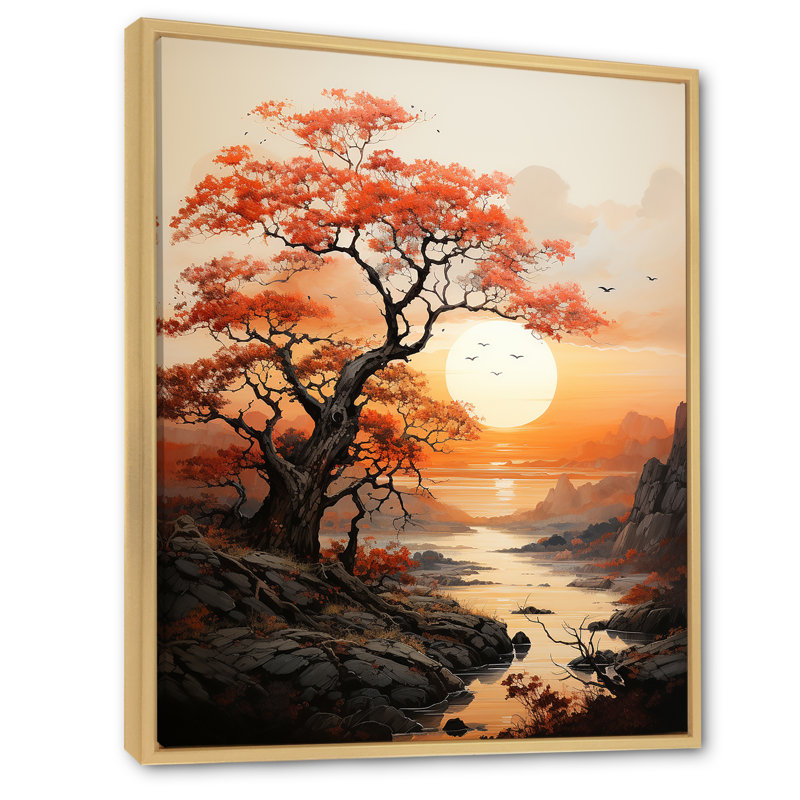 Orange Tree Moon Silhouette Landscape IV - Floral Wall Art Prints, H 32 po x l 24 po x P 1 po, Cadre naturel flottant