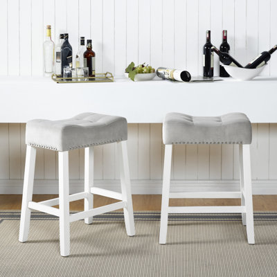 2 Velvet Counter Height Stools, , Gray Saddle Seats, White-Wash Finish, Construction Stools 2, White-Wash, Solid Rubberwood Structure