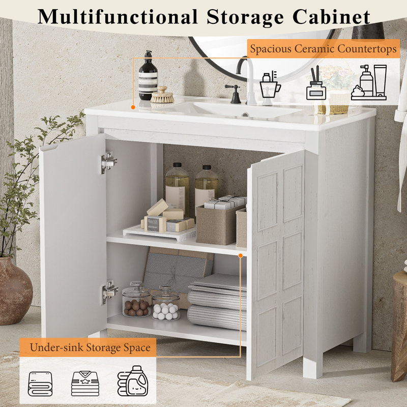 Meuble-lavabo 36 po avec lavabo en céramique fabriqué à la main, portes à fermeture douce et rangement spacieux, Blanc