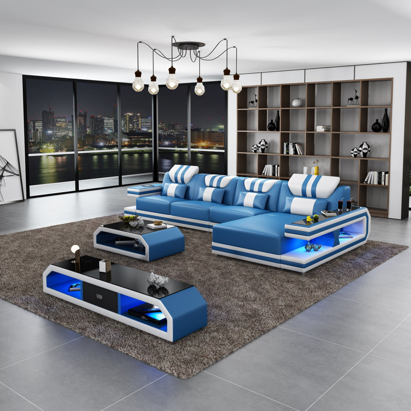 Lightspeed Upholstered L-Shaped Sectional, Right Hand Facing, Blue/White Genuine Leather